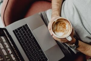 coffee, cup, computer, home, laptop, macbook, technology, office, coffee cup, business, designer, work, man, casual