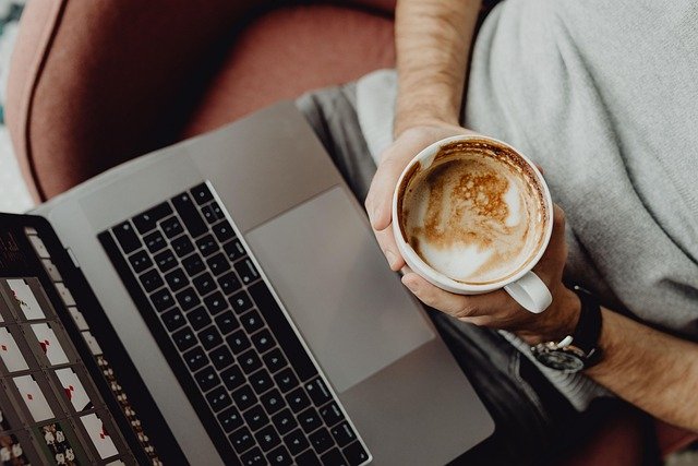 coffee, cup, computer, home, laptop, macbook, technology, office, coffee cup, business, designer, work, man, casual